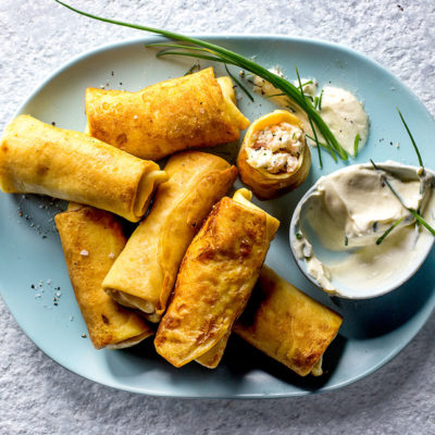 Smoked trout-and-ricotta blinis