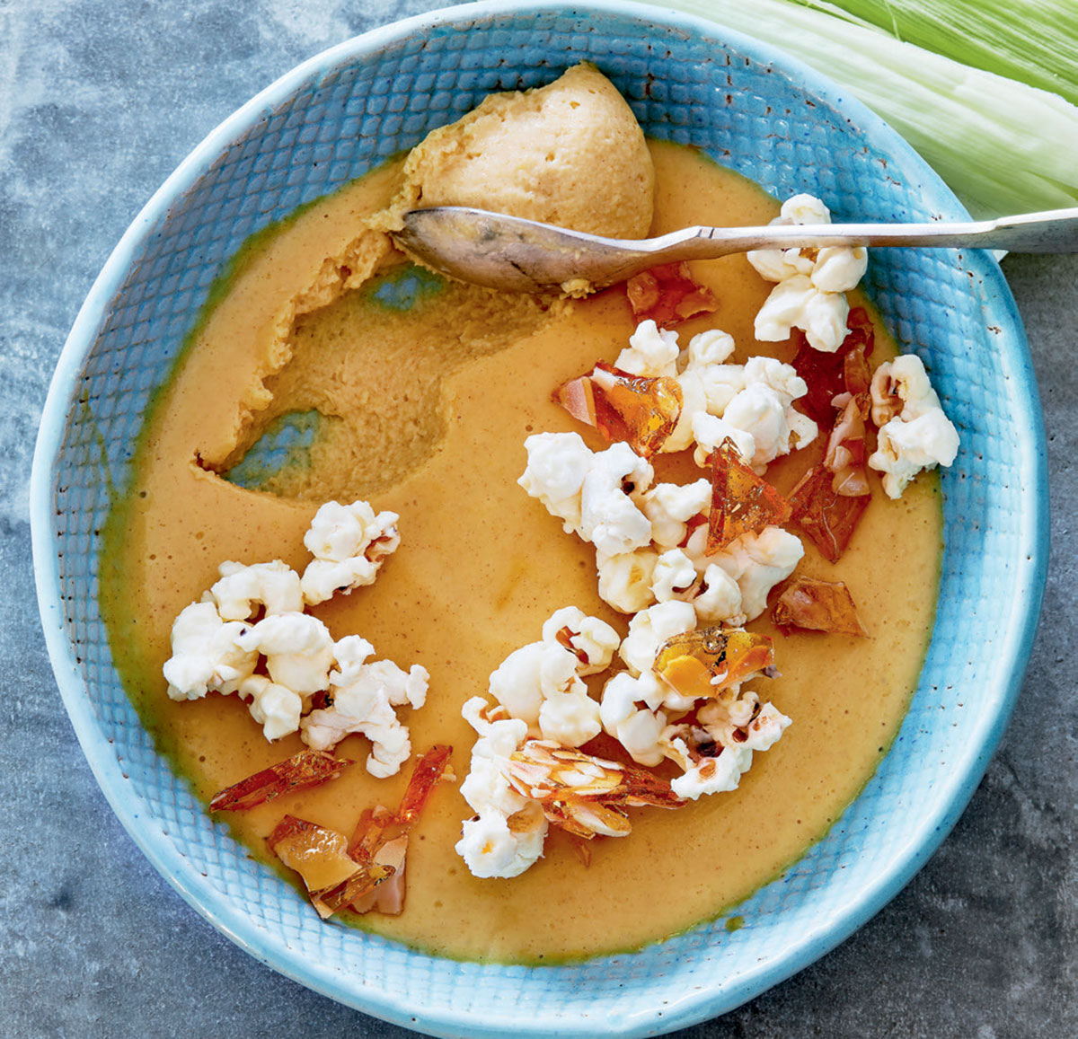 Baked sweetcorn cream with popcorn praline recipe