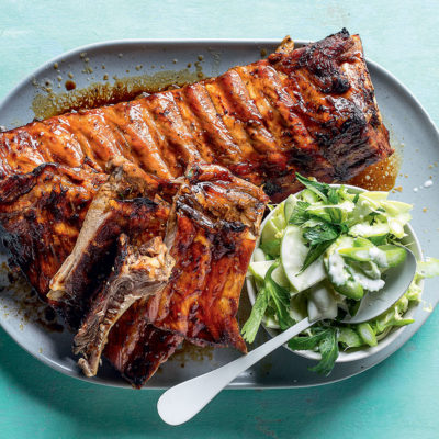 Cider-glazed spareribs with apple slaw