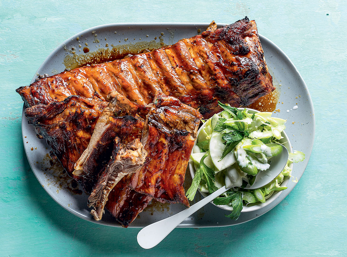 Cider-glazed spareribs with apple slaw recipe