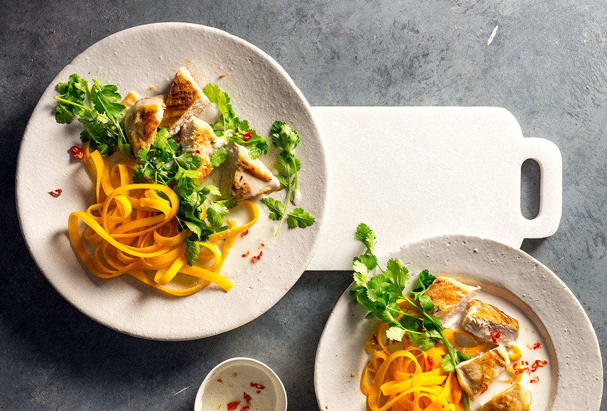 Coconut chicken with pumpkin tagliatelle recipe