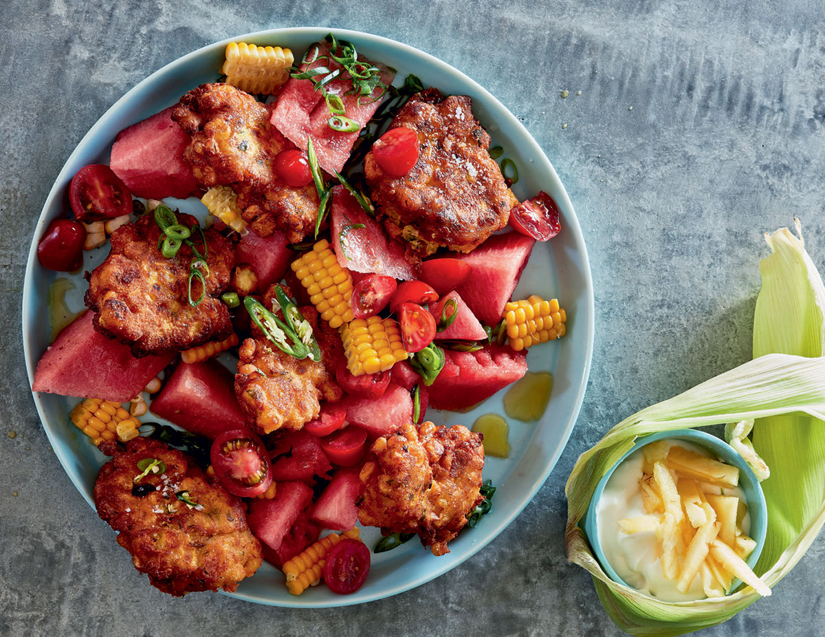 Spicy corn fritters with watermelon salad recipe