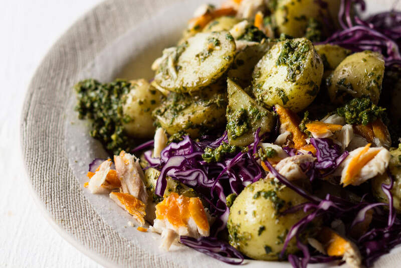 Baby potato salad with basil pesto and hot-smoked snoek recipe