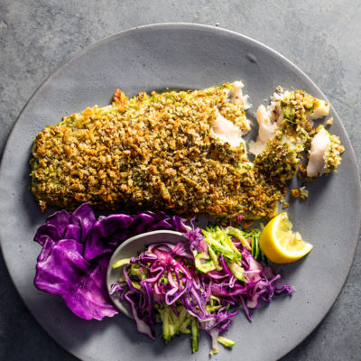 Basil pesto-crusted fish