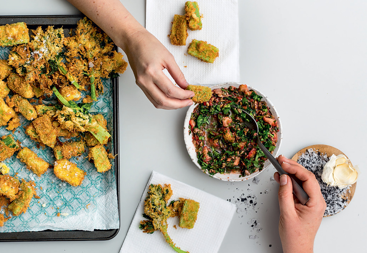 Celery bites with strawberry-top pesto recipe