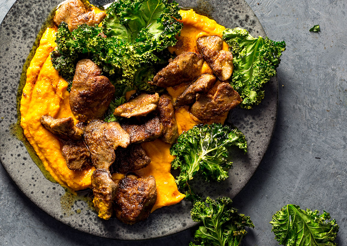 Chicken livers with carrot mash and crispy kale recipes