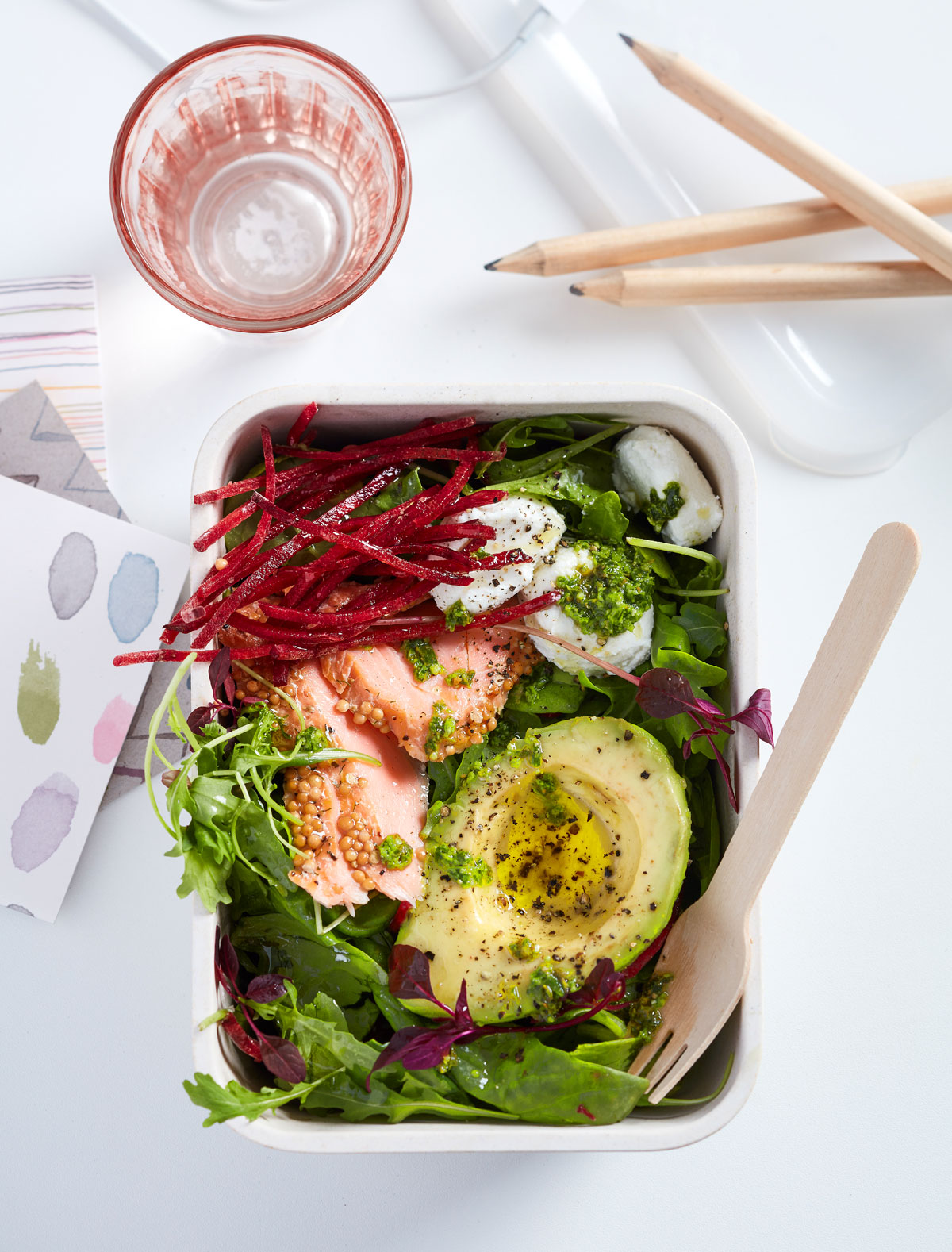 Flaked hot-smoked trout, avocado and salad