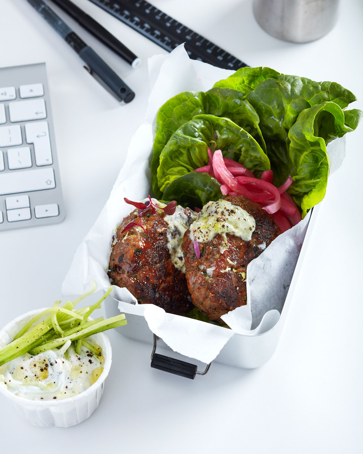 Lettuce lamb burger with tzatziki