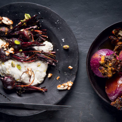 Baba ganoush with roast baby beetroot and almond brittle