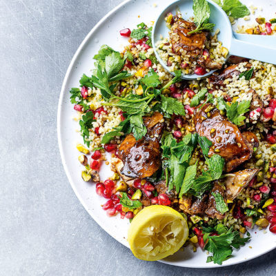 Pomegranate molasses chicken with bulgur wheat salad