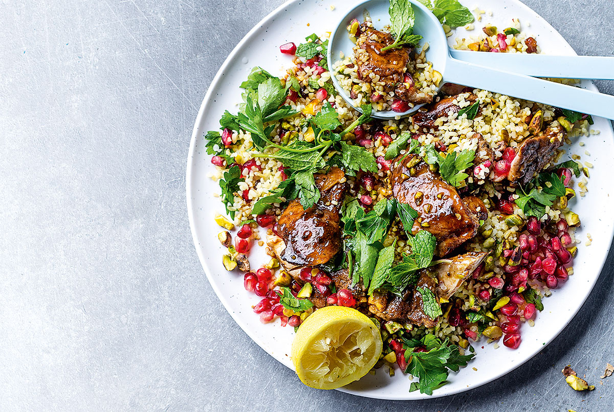 Pomegranate molasses chicken with bulgur wheat salad recipe