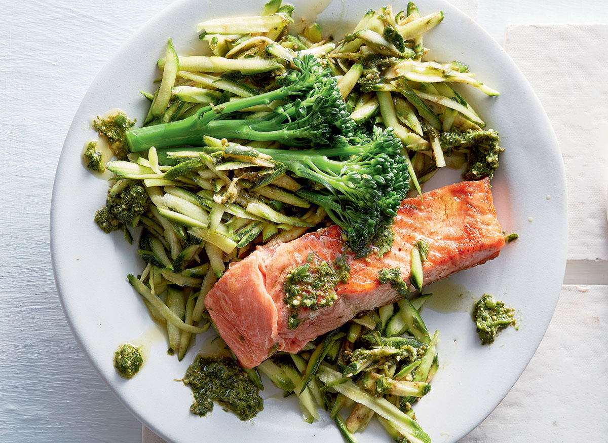 Raw baby marrow salad with basil pesto and trout recipe