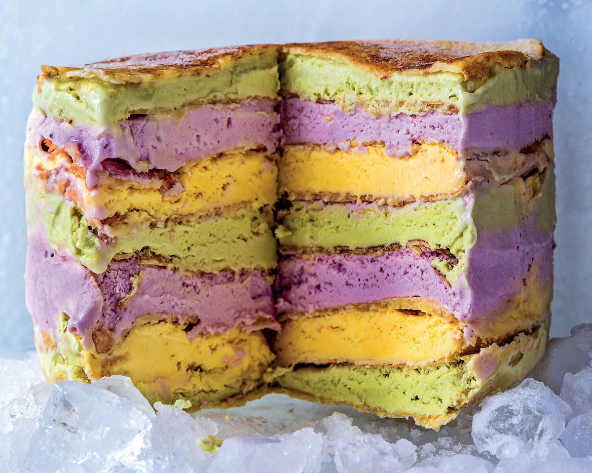Multi-coloured frozen pancake stack recipe