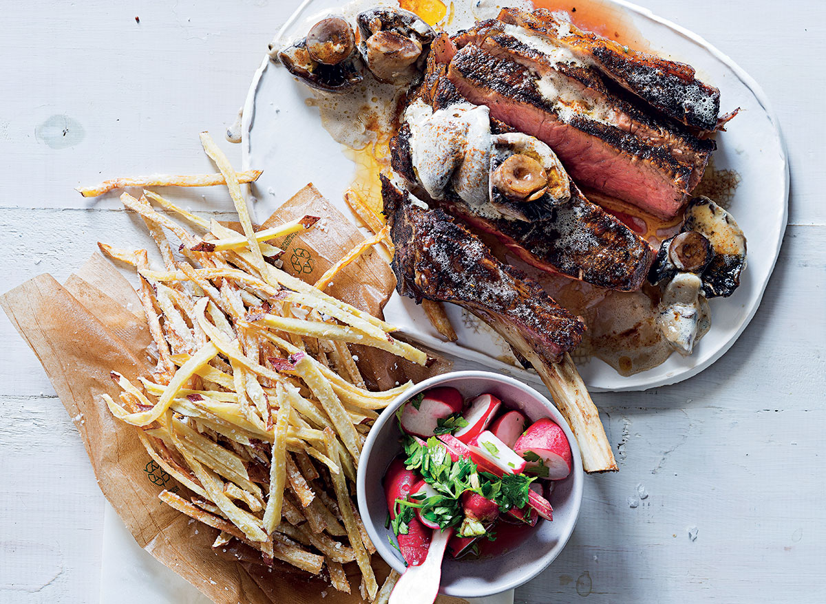 Coffee-rubbed rib eye with shoestring sweet potato fries, mushroom sauce and radish salad recipe