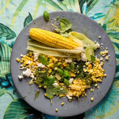 Mielie, basil, mint, lime and feta salad