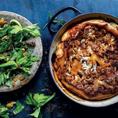 Cauliflower tarte tatin with celery-and-sultana salad