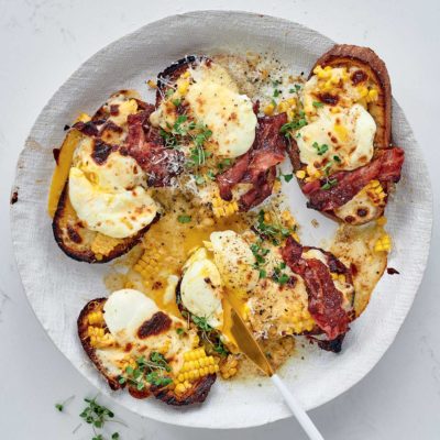 Croque madame gratin with Parmesan corn