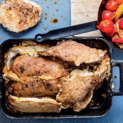 Spiced roast duck in a salt crust with a rhubarb-and-plum pickle