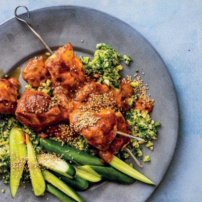 Sticky chicken kebabs with cucumber salsa