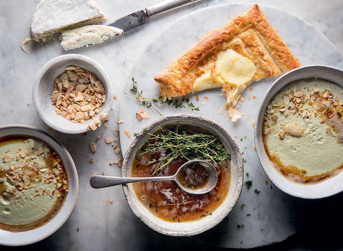 cauliflower leek and almond brown butter soup with potato puffs 