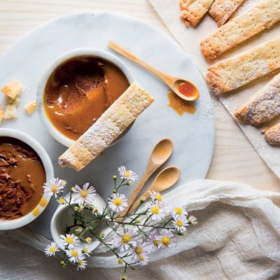 Chocolate mousse with butterscotch and shortbread