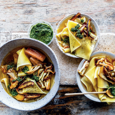 Lasagne with Parmesan, mushroom broth and pesto