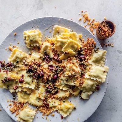 Ravioli with crispy caper and olive breadcrumbs