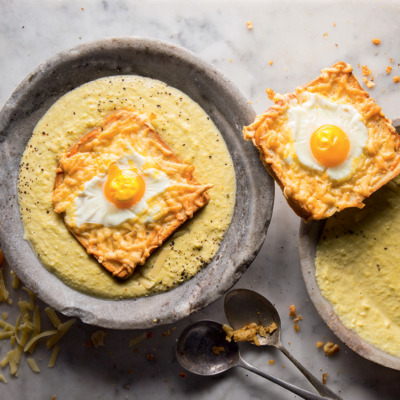 Smoky corn soup with cheesy egg toast