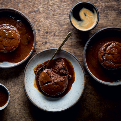 Twice-baked chocolate soufflés with coffee sauce