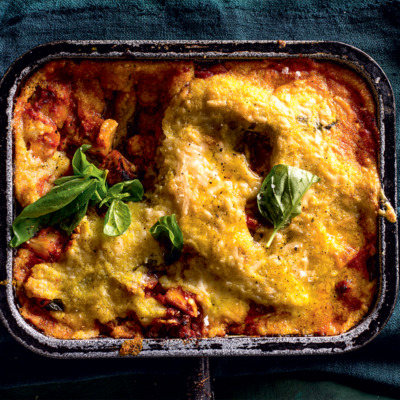 Baked brinjal-and-tomato polenta