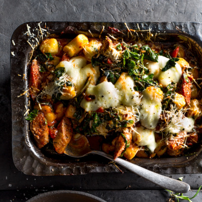 Baked rosemary lamb sausage and spinach gnocchi