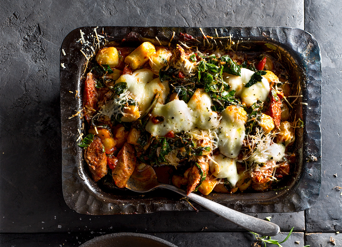 baked rosemary lamb sausage and spinach gnocchi 