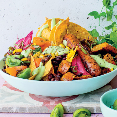 Butternut-and-smoked paprika sausage nacho bowl