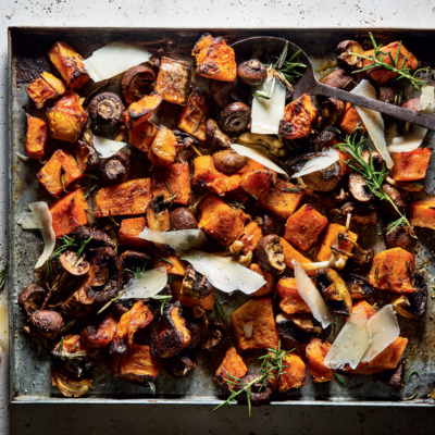 Zucca e funghi al forno (roast pumpkin and mushrooms)