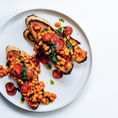 Baked beans on toast with chorizo