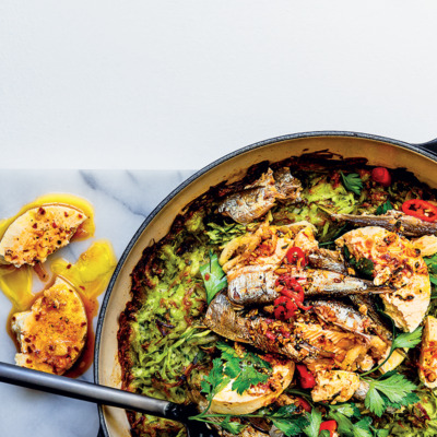 Rösti topped with lemon-marinated feta and sardines