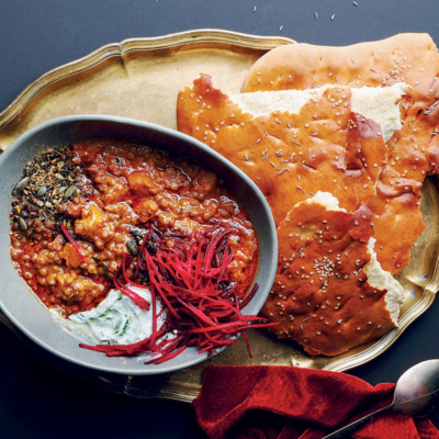 Sweet potato dhal with yoghurt flatbread