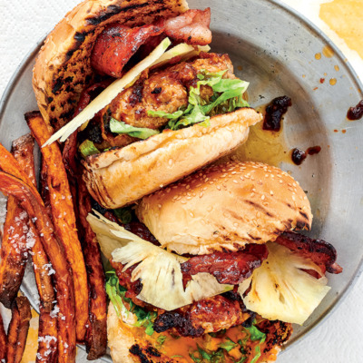 Pork burgers with pineapple and sweet potato fries