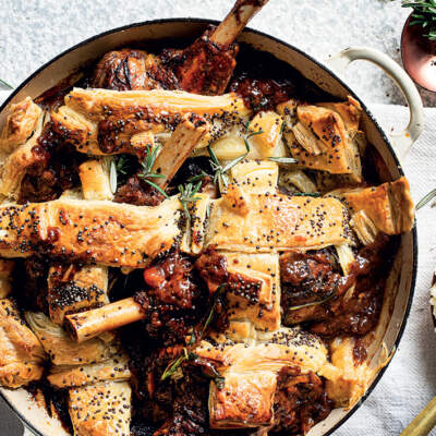 Cheat’s slow-cooked lamb shank lattice pie