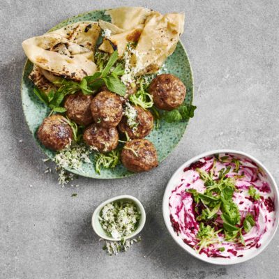 Lamb frikkadels with beetroot raita