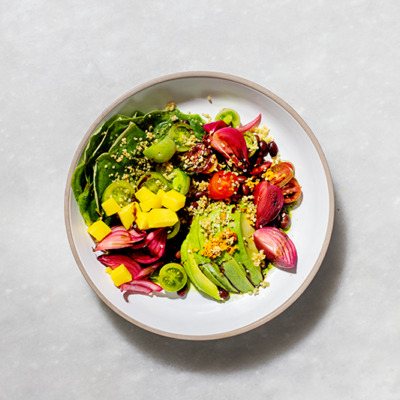 Green quinoa pancake Mexican bowl