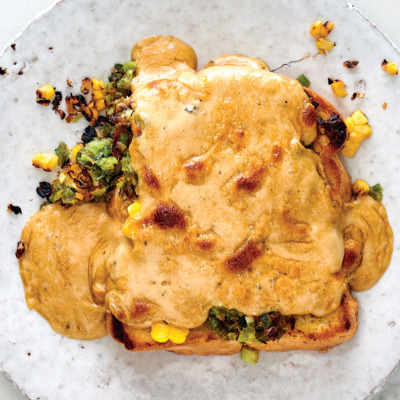 Welsh rarebit on toast with corn and leeks