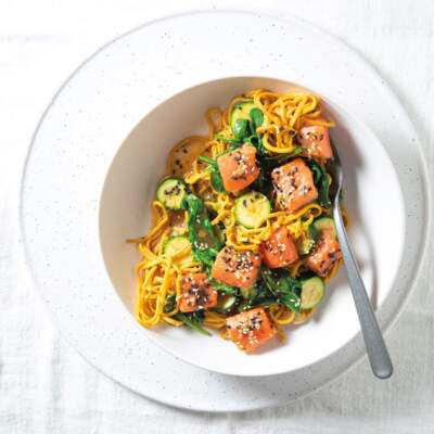 These trout bites with seafood noodles are a light, convenient supper