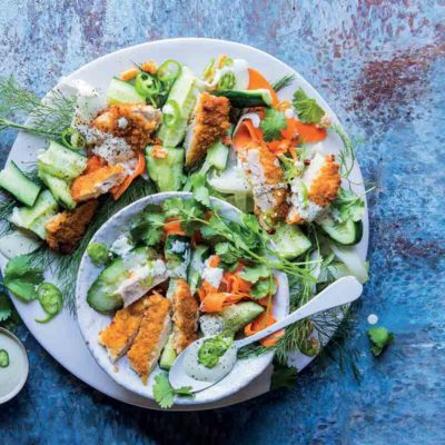 Chicken schnitzel salad with creamy jalapeño dressing