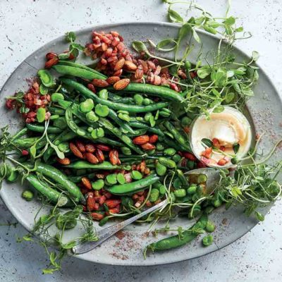 Greens, pancetta and smoked almond salad with garlic aïoli