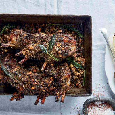 Mushroom, hazelnut and leek-stuffed spiced rack of lamb with charred onion petals