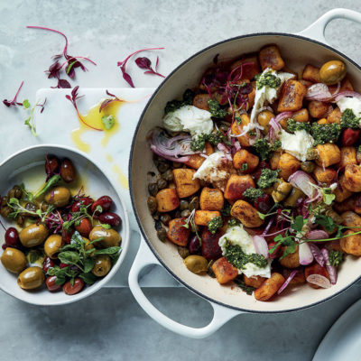 Olive, caper, mozzarella and basil one-pot gnocchi