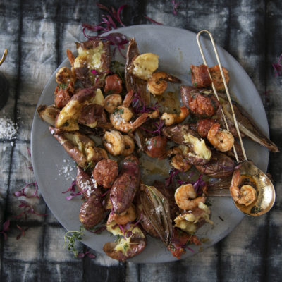 Spicy prawn and chorizo with roasted sweet potato