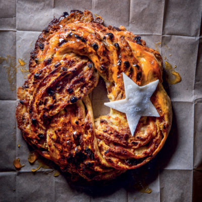 Peach-and-marzipan stollen twist wreath