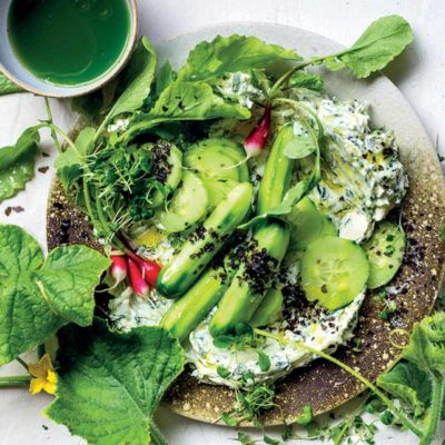 Fridge-pickled cucumber with whipped tzatziki